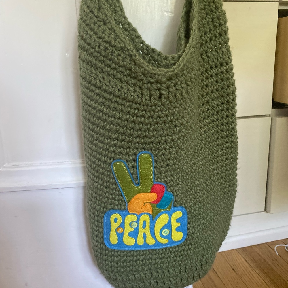 Green Knit Tote Bag with Peace Sign Patch
